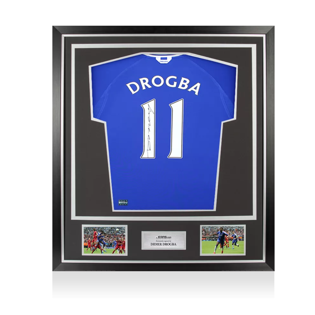 Didier Drogba Back Signed Chelsea T-Shirt with Fan Style Numbers In Classic Frame